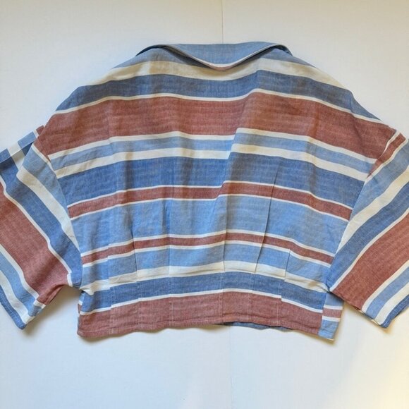 Zara Blouse Striped Linen Blend Button Up Cropped Short Sleeve Collared Sz S - Picture 9 of 14